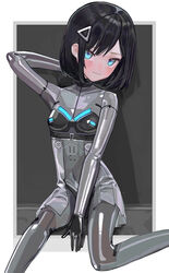  absurdres arm_behind_head black_hair blue_eyes blush bodysuit breasts embarrassed english_commentary female hair_ornament hairclip highres latex latex_bodysuit looking_at_viewer original saaal653 shiny_clothes short_hair sitting skin_tight small_breasts solo 