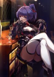  alcohol bar_stool black_gloves bottle breasts cleavage closed_mouth crossed_legs cup drinking_glass female gloves highres holding holding_sword holding_weapon honkai_(series) honkai_impact_3rd indoors katana long_hair long_sleeves looking_at_viewer ponytail purple_eyes purple_hair raiden_mei raiden_mei_(danzai_spectramancer) revision sitting smile solo stool sword table thighhighs weapon white_thighhighs wine wine_bottle wine_glass zomzomzomsauce 