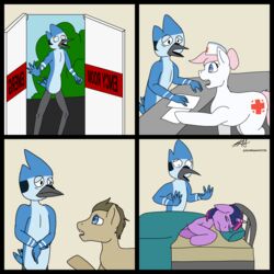  1:1 absurd_res anthro avian beak bed bird blue_body blue_eyes blue_feathers blue_jay brown_body brown_fur brown_hair bush_(disambiguation) cartoon_network clothing corvid cutie_mark dialogue digital_drawing_(artwork) digital_media_(artwork) doctor doctor_whooves_(mlp) earth_pony english_text equid equine feathers female feral flat_colors friendship_is_magic fur furniture group hair hasbro hat headgear headwear hi_res horn horse hospital hospital_bed hospital_room inside jay_(bird) loss lying male mammal markings meme mordecai_(regular_show) mordetwi my_little_pony mythological_creature mythological_equine mythology new_world_jay nurse nurse_clothing nurse_hat nurse_headwear nurse_redheart oscine outside paper passerine pink_hair pony purple_body purple_fur purple_hair regular_show sad text twilight_sparkle_(mlp) unicorn what white_body white_fur why zer0rebel4 