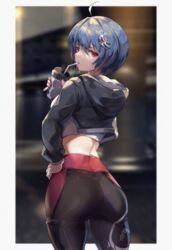  ass black_hair black_jacket border bottle closed_mouth drinking female hair_ornament hand_on_own_hip highres holding holding_bottle honkai_(series) honkai_impact_3rd jacket long_sleeves looking_at_viewer looking_back mole mole_under_mouth pants purple_eyes raven_(honkai_impact) short_hair solo sweatpants white_border zomzomzomsauce 