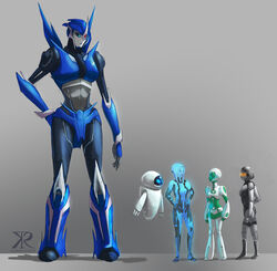  5girls arcee assault_visor autobot aya_(green_lantern) blue_eyes blue_hair cortana dc_comics edi_(mass_effect) eve_(wall-e) fausto green_lantern_(series) grey_background grey_hair halo_(series) hands_on_own_hips highres hologram looking_down looking_to_the_side mass_effect_(series) mass_effect_3 mecha multiple_girls no_humans photoshop_(medium) robot transformers transformers_prime wall-e 