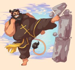  absurd_res action_pose anthro asian_clothing beard belly big_arms big_belly big_legs big_moobs breaking_concrete brown_hair catfolk chinese_clothing clothing concrete docdraw_(artist) east_asian_clothing facial_hair felid fur hair hasbro hi_res huge_belly kick koto_(yissnakkjr) leonin lion magic:_the_gathering male mammal moobs musclegut muscular pantherine plantigrade ponytail pose pubes raised_leg slightly_chubby solo tail teeth thick_thighs wizards_of_the_coast 