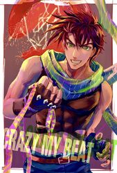  1boy abs bare_shoulders battle_tendency brown_hair crop_top electricity fingerless_gloves gloves green_eyes green_scarf grin hamon holding holding_ribbon jojo_no_kimyou_na_bouken joseph_joestar joseph_joestar_(young) male_focus midriff multicolored_clothes multicolored_scarf natapy1 ribbon scarf smile solo striped_clothes striped_scarf triangle_print vertical-striped_clothes vertical-striped_scarf 