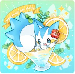  animal_focus blue_eyes cocktail_glass commentary cup dated drinking_glass flower food fruit hair_flower hair_ornament hibiscus lemon lemon_slice mint no_humans okamori_kuo open_mouth pachirisu parsley pokemon pokemon_(creature) sparkle squirrel teeth upper_teeth_only 