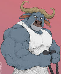  2_horns anthro barazoku biceps big_muscles bovid bovine cape_buffalo chief_bogo clothing disney exercise flexing furrowed_brow half-length_portrait hi_res horn huge_muscles male mammal muscular muscular_anthro muscular_male portrait shirt simple_background solo tank_top topwear triceps tylerstark vein veiny_muscles workout zootopia 