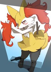  2022 3_toes accessory anthro biped black_body black_fur blush blush_lines braixen brown_eyes brush canid canine cheek_tuft digital_media_(artwork) digitigrade dipstick_tail facial_tuft feet female female_anthro flat_chested fluffy full-length_portrait fur generation_6_pokemon hair_accessory hair_tie hairbrush hairclip hi_res high-angle_view inner_ear_fluff kemono koorinezumi mammal markings multicolored_body multicolored_fur multicolored_tail nintendo object_in_mouth paws personal_grooming pokemon pokemon_(species) portrait red_body red_fur red_nose solo standing stick stick_in_tail tail tail_markings toes translated_description tuft white_body white_fur yellow_body yellow_fur 