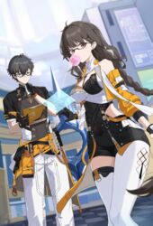  1boy absurdres ahoge black_gloves black_shorts braid breasts brown_eyes brown_hair chenmu_sora chewing_gum chinese_commentary closed_mouth day detached_sleeves earrings entropy_(honkai_impact_3rd) female female_dreamseeker_(honkai_impact) gloves hair_between_eyes hand_on_own_chin highres holding honkai_(series) honkai_impact_3rd jewelry long_hair looking_at_object looking_at_viewer male_dreamseeker_(honkai_impact) medium_breasts multicolored_hair outdoors pants screen second-party_source short_hair shorts standing streaked_hair thighhighs white_pants white_thighhighs yellow_sleeves 