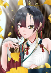  absurdres black_hair blonde_hair blurry blurry_background brown_hair closed_mouth earrings falling_leaves female flower_knot gradient_hair heterochromia highres japanese_clothes jewelry kannagi_loki kimono leaf multicolored_hair mutchan_0701 phase_connect red_eyes red_nails short_hair_with_long_locks snake tassel tree upper_body white_kimono yellow_eyes 