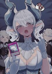  &gt;o&lt; 3girls ? absurdres arianna_the_labrynth_servant arianne_the_labrynth_servant breasts c_civciv card cleavage commentary_request demon_girl demon_horns demon_wings dress duel_monster gloves grey_eyes grey_hair highres holding holding_card horns large_breasts lovely_labrynth_of_the_silver_castle maid_headdress multiple_girls open_mouth pointy_ears spoken_question_mark twintails white_background white_gloves wings yu-gi-oh! 