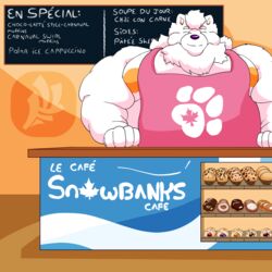  1:1 anthro apron apron_only bakery barazoku belly big_belly bilingual canada canid canine canis chalkboard closed_eyes clothed clothing coffee_shop dessert digital_media_(artwork) domestic_dog doughnut english_text fat_rolls fluffy food french_text fujiyama_kenhaku fujiyama_samoyed_(artist) fur hair hi_res hyper information_board kemono looking_at_viewer love_handles male mammal maple_leaf muffin neck_tuft nipple_slip nipples nordic_sled_dog obese obese_anthro obese_male overweight overweight_anthro overweight_male pastries pastry samoyed simple_background size_difference smile solo spitz text tuft watermark white_body 