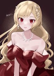  absurdres alternate_costume alternate_hairstyle blonde_hair breasts brown_dress citrinne_(fire_emblem) dress earrings female fire_emblem fire_emblem_engage highres jewelry looking_at_viewer medium_breasts necklace red_eyes sakuramotikun solo upper_body 