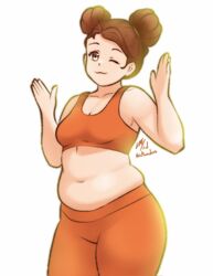  brown_eyes brown_hair crop_top female fire_emblem fire_emblem:_radiant_dawn highres looking_at_viewer meg_(fire_emblem) one_eye_closed pants plump rotomdocs solo sportswear yoga_pants 