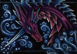  aceo ambiguous_gender black_background blue_border blue_eyes blue_horn blue_spines border dragon feral glitter horn low_res mythological_creature mythological_scalie mythology purple_body purple_scales scales scalie selianth simple_background solo sparkles water 