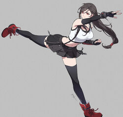  black_hair black_skirt black_thighhighs boots bracelet breasts commentary_request crop_top detached_sleeves female fighting_stance final_fantasy final_fantasy_vii final_fantasy_vii_remake highres jewelry kicking large_breasts long_hair low-tied_long_hair midriff navel red_eyes red_footwear skirt solo suspender_skirt suspenders tank_top thighhighs thighs tifa_lockhart yufy 