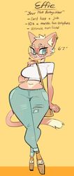  2017 anthro bypbap character_name clothing colored_nails countershade_torso countershading crop_top denim denim_clothing digital_drawing_(artwork) digital_media_(artwork) dipstick_tail domestic_cat effie_(bypbap) english_text eyebrows eyelashes felid feline felis female inner_ear_fluff looking_at_viewer mammal markings midriff model_sheet muffin_top nails navel platform_footwear prick_ears purse red_nose shirt smile solo tail tail_markings teal_eyes text thick_thighs topwear tuft wide_hips 