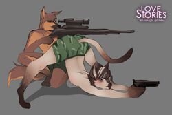  absurd_res anthro ass_up blush canid canine canis clothing domestic_cat domestic_dog duo felid feline felis fur furlough_games furry_shades_of_gay german_shepherd hair herding_dog hi_res jack-o&#039;_pose male male/male mammal nipples pastoral_dog pose promotional_material sashkahurma siamese tactical_gear underwear weapon 