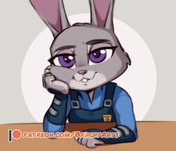  2021 anthro arm_support brachyzoid cheek_tuft digital_media_(artwork) disney facial_tuft female fur grey_body grey_fur judy_hopps lagomorph leaning_on_edge leaning_on_elbow leporid looking_at_viewer mammal purple_eyes rabbit smile solo text tuft url zootopia 