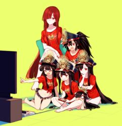  1boy 4girls bad_id bad_pixiv_id barefoot black_hair black_headwear blush breasts buster_shirt chibi closed_mouth collarbone controller crest crossed_legs famicom famicom_gamepad family_crest fate/grand_order fate_(series) game_console game_controller grey_shorts hair_between_eyes hair_over_one_eye hat indian_style kneeling kodamari koha-ace large_breasts long_hair medium_breasts multiple_girls multiple_persona navel oda_kippoushi_(fate) oda_nobunaga_(fate) oda_nobunaga_(koha-ace) oda_nobunaga_(maou_avenger)_(fate) oda_nobunaga_(swimsuit_berserker)_(fate) oda_nobunaga_(swimsuit_berserker)_(first_ascension)_(fate) oda_nobunaga_(swimsuit_berserker)_(second_ascension)_(fate) oda_uri open_mouth peaked_cap playing_games pointing ponytail red_eyes red_hair red_shirt shirt short_sleeves shorts sidelocks simple_background sitting smile t-shirt television tied_shirt yellow_background 