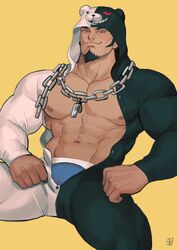  1boy abs absolum_art absurdres alternate_costume bara bare_pectorals black_hair blue_male_underwear boxer_briefs chains commentary cosplay danganronpa_(series) danganronpa_2:_goodbye_despair english_commentary facial_hair goatee highres kigurumi large_pectorals long_sideburns long_sleeves looking_at_viewer male_focus male_underwear monokuma monokuma_(cosplay) muscular muscular_male navel nidai_nekomaru nipples open_clothes pectorals short_hair sideburns simple_background smile solo spread_legs stomach thick_thighs thighs unbuttoned underwear whistle whistle_around_neck yellow_background 