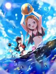  1boy 2girls armpits arms_up bad_id bad_pixiv_id ball bare_shoulders beachball bikini black_bikini black_hair black_headwear blue_sky blush breasts brown_hair camera chacha_(fate) cleavage closed_eyes collarbone crest family_crest fate/grand_order fate_(series) fiery_hair forehead grey_eyes hairband hat jacket kodamari koha-ace large_breasts lens_flare letterman_jacket long_hair looking_at_viewer multiple_girls navel ocean oda_nobukatsu_(fate) oda_nobunaga_(fate) oda_nobunaga_(swimsuit_berserker)_(fate) oda_nobunaga_(swimsuit_berserker)_(first_ascension)_(fate) oda_nobunaga_(swimsuit_berserker)_(second_ascension)_(fate) oda_uri open_clothes open_jacket open_mouth outdoors parted_bangs peaked_cap sarong sky small_breasts smile sun sunlight swimsuit wading 