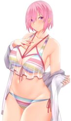  arind_yudha bare_shoulders bikini breasts cleavage collarbone fate/grand_order fate_(series) female grey_jacket hair_over_one_eye highres jacket large_breasts light_purple_hair long_sleeves looking_at_viewer mash_kyrielight mash_kyrielight_(swimsuit_of_perpetual_summer_ver.02) multicolored_bikini multicolored_clothes navel off_shoulder open_clothes open_jacket purple_eyes rainbow_bikini see-through short_hair smile solo striped_bikini striped_clothes swimsuit thighs 