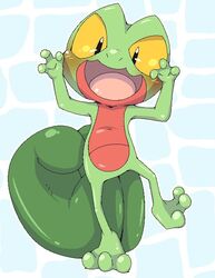  blush claw_pose countershading doneru generation_3_pokemon green_body looking_at_viewer nintendo pattern_background pokemon pokemon_(species) pose red_body semi-anthro simple_background smile solo tail treecko 