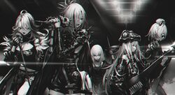  5girls ahoge animal_costume animal_on_head breasts choker chromatic_aberration cleavage_cutout closed_mouth clothing_cutout detached_sleeves dragon_costume drumsticks fingerless_gloves floodlights g11_(dragon_jr.)_(girls&#039;_frontline) g11_(girls&#039;_frontline) girls&#039;_frontline gloves greyscale hair_between_eyes hair_over_one_eye highres holding holding_drumsticks holding_instrument holding_microphone horns infukun instrument jacket keytar large_breasts light logo_parody long_sleeves looking_at_viewer looking_to_the_side m1887_(girls&#039;_frontline) m1887_(law_of_exorcism)_(girls&#039;_frontline) m1897_(electric_witch)_(girls&#039;_frontline) m1897_(girls&#039;_frontline) mg5_(girls&#039;_frontline) mg5_(knight_of_calamity)_(girls&#039;_frontline) microphone microphone_stand midriff monochrome mouth_hold multicolored_hair multiple_girls navel official_alternate_costume official_art on_head open_mouth punk rocker-chic short_hair shorts skull_ornament sleeveless spiked_choker spikes streaked_hair studded_choker sunglasses third-party_source type_80_(girls&#039;_frontline) type_80_(steel_butterfly)_(girls&#039;_frontline) 