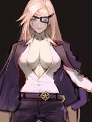  alternate_costume amputee baiken belt belt_buckle black_background black_belt black_jacket black_pants blazer breasts buckle cleavage closed_mouth collared_shirt cowboy_shot dress_shirt expressionless eyepatch facial_tattoo female guilty_gear guilty_gear_xrd jacket jacket_on_shoulders jako_(toyprn) large_breasts long_hair looking_at_viewer one-eyed open_clothes open_jacket open_shirt pants partially_unbuttoned pink_eyes pink_hair scar scar_across_eye scar_on_face shirt simple_background solo tattoo white_shirt 