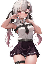  :3 :q absurdres belt black_necktie black_sleeves breasts colored_tips cowboy_shot female grey_hair highres hololive horns long_hair looking_at_viewer medium_breasts multicolored_hair nakiri_ayame nakiri_ayame_(streetwear) necktie official_alternate_costume pleated_skirt red_hair simple_background skin-covered_horns skirt sleeveless solo streaked_hair thigh_gap thigh_strap tongue tongue_out twintails ume_(umedayooo) virtual_youtuber w white_background 