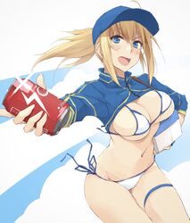  ahoge artoria_pendragon_(fate) baseball_cap bikini blonde_hair blue_eyes blue_hat blue_jacket blush breasts can cleavage cooler cropped_jacket drink_can fate/grand_order fate_(series) female hair_between_eyes hair_through_headwear hat highres jacket large_breasts long_hair looking_at_viewer mysterious_heroine_xx_(fate) navel open_mouth ponytail shrug_(clothing) side-tie_bikini_bottom sidelocks smile soda_can solo swimsuit thigh_strap thighs white_bikini wristband zekkyon 