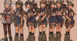  6+girls black_hair black_pantyhose black_socks blue_sailor_collar blue_skirt blunt_bangs braid brown_hair check_commentary closed_eyes commentary_request dress fubuki_(kancolle) hair_between_eyes hatsuyuki_(kancolle) highres hime_cut isonami_(kancolle) kantai_collection kosame_(iso) long_hair looking_at_viewer low_twintails miyuki_(kancolle) multiple_girls murakumo_(kancolle) neckerchief necktie open_mouth pantyhose parted_bangs pleated_skirt ponytail red_necktie rigging sailor_collar sailor_dress school_uniform serafuku shirayuki_(kancolle) short_hair short_twintails sidelocks single_braid skirt smile socks torpedo_launcher torpedo_tubes turret twintails uranami_(kancolle) white_hair 