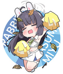  ahoge arm_up armpits black_hair blue_archive blush character_name cheerleader chibi closed_eyes commentary_request cosplay female halo headgear leaf leaf_on_head long_hair millennium_cheerleader_outfit_(blue_archive) miyu_(blue_archive) nyaru_(nyaru_4126) open_mouth pleated_skirt pom_pom_(cheerleading) shoes skirt solo sweat tears text_background very_long_hair white_footwear white_skirt 