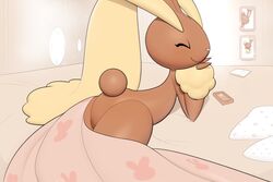  3:2 ambiguous_gender anthro ass bed bedding blanket brown_body brown_fur buneary clock closed_eyes creature_print electronics fur furniture generation_4_pokemon hand_on_chin head_print hi_res inkune lagomorph lopunny lying lying_on_bed mammal nintendo nude on_bed on_front on_model pattern_bedding phone photo_frame pillow pokemon pokemon_(species) print_bedding smile solo yellow_body yellow_fur 