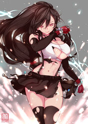  black_hair black_skirt breasts cleavage crop_top elbow_gloves female final_fantasy final_fantasy_vii final_fantasy_vii_remake gloves highres large_breasts navel nekomimipunks parted_lips red_gloves skirt smile solo stomach suspenders tank_top thighhighs tifa_lockhart torn_clothes torn_skirt torn_tank_top torn_thighhighs 