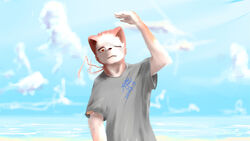  16:9 4k absurd_res anthro canid canine canis clothing cloud fur glistening glistening_eyes grey_clothing grey_shirt grey_t-shirt grey_topwear hand_over_head hi_res looking_at_viewer male mammal one_eye_closed orange_body orange_fur red_body red_ears red_eyes red_fur shirt solo summer t-shirt topwear white_body white_fur widescreen wolf x1aoyaoya 