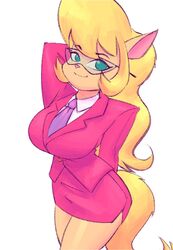  2020 anthro big_breasts blonde_hair blue_eyes bottomwear breasts business_suit callie_briggs clothed clothing domestic_cat eyewear felid feline felis female glasses hair hand_behind_back hand_behind_head hanna-barbera hi_res long_hair mammal necktie nitro pencil_skirt pink_nose simple_background skirt smile solo suit swat_kats white_background 