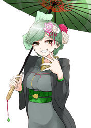  absurdres aqua_ribbon breasts earrings female fingernails flower gomesu_(gomes0343) green_hair green_umbrella grey_kimono grin hair_flower hair_ornament hair_ribbon haori highres holding holding_umbrella humanization japanese_clothes jewelry kimono marie_(splatoon) medium_breasts mole mole_under_eye obi oil-paper_umbrella pink_flower ribbon sash short_hair simple_background smile solo splatoon_(series) splatoon_2 teeth umbrella white_background white_flower yellow_eyes 