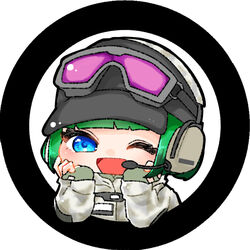  animification baseball_cap black_hat blue_eyes blush chibi ela_(rainbow_six_siege) female fingerless_gloves gloves goggles goggles_on_headwear green_gloves green_hair grey_jacket hat headset hood hooded_jacket jacket one_eye_closed open_mouth portrait rainbow_six_siege smile solo zerro 