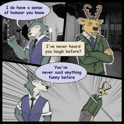  1:1 2021 anthro antlers beastars brown_eyes canid canine canis cervine clothed clothing crossed_arms death deer dialogue duo english_text hi_res horn humor killing legoshi_(beastars) louis_(beastars) male mammal necktie red_deer speech_bubble text topwear vest wolf yatewilliams 