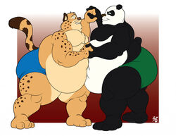  2020 3_toes 50percentgrey anthro bear belly belly_press benjamin_clawhauser big_belly black_body blue_clothing bottomwear cheetah clenched_teeth clothed clothing countershading disney dreamworks duo eye_contact fangs feet felid feline fur giant_panda green_clothing hand_holding kung_fu_panda looking_at_another male mammal master_po_ping narrowed_eyes navel obese obese_anthro obese_male overweight overweight_anthro overweight_male raised_tail shorts smile smirk sport sumo sumo_wrestling tail teeth thick_thighs toes topless whiskers white_body wide_eyed wide_hips zootopia 