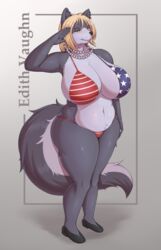  absurd_res american_flag american_flag_bikini anthro big_breasts bikini blonde_hair breasts brown_eyes canid canine canis clothed clothing curvy_figure elyse_wilfred female female_anthro flag flag_bikini flag_print fluffy fluffy_tail footwear fur gem gesture grey_body grey_fur hair harnny hi_res huge_breasts jewelry kemono looking_at_viewer mammal mature_female multicolored_body multicolored_fur navel necklace pearl_(gem) pearl_necklace print_bikini print_clothing print_swimwear salute shoes slightly_chubby solo swimwear tail thick_thighs two_tone_body two_tone_fur united_states_of_america voluptuous white_body white_fur wolf 