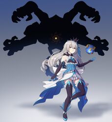  absurdres adapted_costume alternate_costume bare_shoulders black_footwear black_gloves boots bronya_zaychik bronya_zaychik_(herrscher_of_reason) closed_mouth crossover dress elbow_gloves female full_body genshin_impact gloves grey_eyes grey_hair highres honkai_(series) honkai_impact_3rd long_hair looking_at_viewer mihoyo project_bunny sleeveless sleeveless_dress smile solo suweeka thigh_boots thighhighs white_dress 