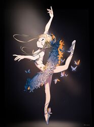  abigail_williams_(fate) arabesque_(pose) ballerina ballet_slippers black_bow black_dress black_panties blonde_hair bow breasts closed_eyes dress en_pointe fate/grand_order fate_(series) female hairbow highres keyhole long_hair multiple_hair_bows nemo_(leafnight) orange_bow panties small_breasts solo standing standing_on_one_leg tutu underwear 