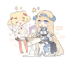  3girls :d ^_^ animal_ears apron arknights bare_shoulders bear_ears black_footwear black_skirt blonde_hair blue_eyes blue_footwear blush bowl bridal_gauntlets candy_hair_ornament closed_eyes commentary_request flower food food-themed_hair_ornament fruit gummy_(arknights) gummy_(elite_ii)_(arknights) hair_between_eyes hair_flower hair_ornament hairclip hibiscus_(arknights) highres holding holding_bowl horns long_hair long_sleeves mixing_bowl multiple_girls pantyhose pleated_skirt pointy_ears ponytail purple_eyes purple_hair red_flower red_legwear red_rose renren rose saileach_(arknights) shirt shoes sitting skirt smile standing stool strawberry table thighhighs very_long_hair whisk white_apron white_background white_legwear white_shirt 