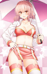  :d ass_visible_through_thighs belt blush breasts choker cleavage commission cowboy_shot date_a_live date_a_live:_rinne_utopia female hand_on_own_hip highres holding holding_umbrella large_breasts long_sleeves looking_at_viewer medium_hair midriff navel open_mouth orange_eyes pink_hair pixiv_commission race_queen red_choker red_skirt rui_shi_(rayze_ray) skirt smile solo sonogami_rinne stomach strapless thighhighs thighs umbrella white_belt white_thighhighs 