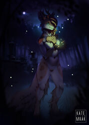  2021 5_fingers anthro antlers breasts canid canine deer detailed_background digital_media_(artwork) eyebrows eyelashes featureless_breasts featureless_crotch female fingers forest grass hi_res horn hybrid kate-titan-mrak mammal night nude outside plant smile solo tree 