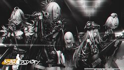  5girls ahoge animal_costume animal_on_head breasts choker chromatic_aberration cleavage_cutout closed_mouth clothing_cutout commentary_request company_name copyright_name copyright_notice detached_sleeves dragon_costume drumsticks fingerless_gloves floodlights g11_(dragon_jr.)_(girls&#039;_frontline) g11_(girls&#039;_frontline) girls&#039;_frontline gloves greyscale hair_between_eyes hair_over_one_eye highres holding holding_drumsticks holding_instrument holding_microphone horns infukun instrument jacket keytar large_breasts light logo_parody long_sleeves looking_at_viewer looking_to_the_side m1887_(girls&#039;_frontline) m1887_(law_of_exorcism)_(girls&#039;_frontline) m1897_(electric_witch)_(girls&#039;_frontline) m1897_(girls&#039;_frontline) mg5_(girls&#039;_frontline) mg5_(knight_of_calamity)_(girls&#039;_frontline) microphone microphone_stand midriff monochrome mouth_hold multicolored_hair multiple_girls navel official_alternate_costume official_art on_head open_mouth punk rocker-chic short_hair shorts skull_ornament sleeveless spiked_choker spikes streaked_hair studded_choker sunglasses type_80_(girls&#039;_frontline) type_80_(steel_butterfly)_(girls&#039;_frontline) 