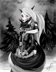  2022 alice_the_vixen anthro bar_limb black_nose black_sclera bracelet breasts canid canid_demon canine claws clothed clothing coat demon duo embrace evergreen_tree eye_contact female female/female fingerless_gloves fluffy fluffy_tail forest forest_background fox gloves hair handwear hellhound helluva_boss hi_res hug hugging_from_behind jewelry long_hair long_tail looking_at_another loona_(helluva_boss) mammal monochrome multicolored_body nature nature_background pine_tree plant red_eyes red_sclera shirt signature size_difference snow tail tiny_bunny topwear tree white_hair winter winter_coat 