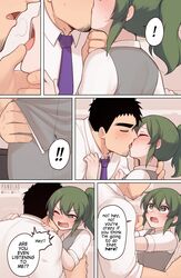  ! !! 1boy after_kiss artist_name black_hair blush business_suit closed_eyes collared_shirt english_text facial_hair female french_kiss grabbing_another&#039;s_chin green_eyes green_hair grey_skirt grey_vest hand_on_another&#039;s_chin hand_under_clothes hand_under_shirt high_ponytail highres igarashi_futaba_(shiromanta) kissing medium_hair necktie nose_blush oerba_yun_fang office_lady one_eye_closed open_mouth panqlao pencil_skirt purple_necktie pushing_away right-to-left_comic salaryman senpai_ga_uzai_kouhai_no_hanashi shirt shirt_grab short_hair simple_background size_difference skirt sleeves_rolled_up spoken_exclamation_mark stubble suit sweat takeda_harumi_(shiromanta) thick_eyebrows v-shaped_eyebrows vest white_shirt 