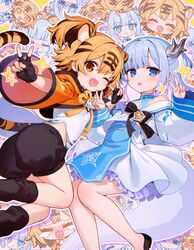  2girls animal_ears azur_lane black_gloves blue_eyes bow bowtie commentary_request double_v dragon_girl dragon_horns dragon_tail fingerless_gloves gloves highres horns hu_pen_(azur_lane) japanese_clothes long_sleeves lung_wu_(azur_lane) multiple_girls oerba_yun_fang orange_eyes orange_hair shnva short_hair skin_fang tail tiger_ears tiger_girl tiger_tail v wide_sleeves 